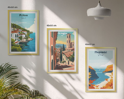 Conjunto de 3 quadros com moldura Paisagens retrô pitorescas