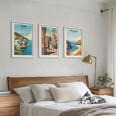 Conjunto de 3 quadros com moldura com estampas de paisagens retrô pitorescas