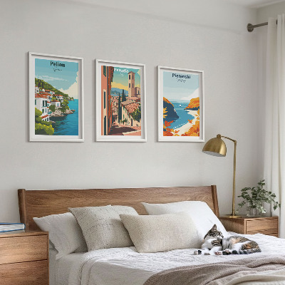 Conjunto de 3 quadros com moldura Paisagens retrô pitorescas