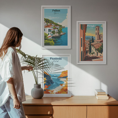 Conjunto de 3 quadros com moldura Paisagens retrô pitorescas