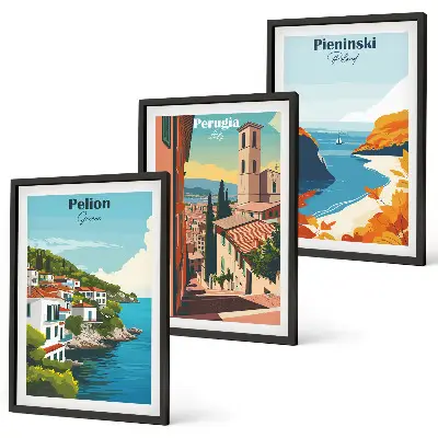 Conjunto de 3 quadros com moldura com estampas de paisagens retrô pitorescas