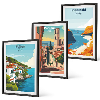 Conjunto de 3 quadros com moldura Paisagens retrô pitorescas