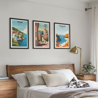 Conjunto de 3 quadros com moldura Paisagens retrô pitorescas