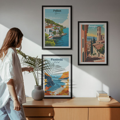 Conjunto de 3 quadros com moldura Paisagens retrô pitorescas