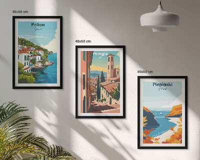 Conjunto de 3 quadros com moldura Paisagens retrô pitorescas