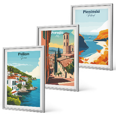Conjunto de 3 quadros com moldura Paisagens retrô pitorescas