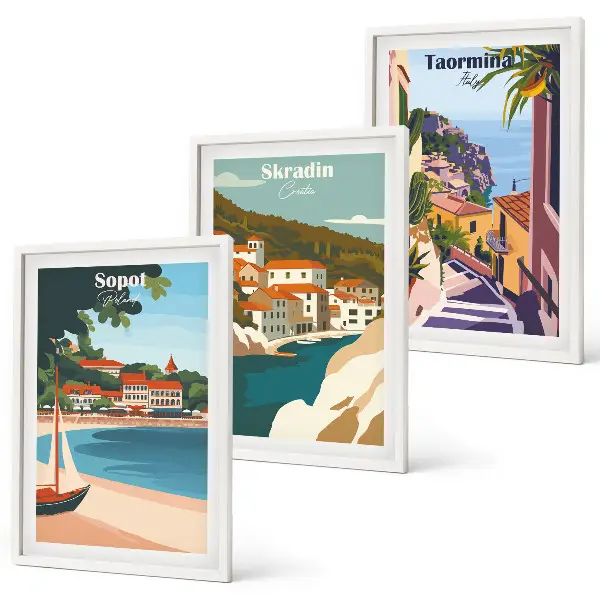 Conjunto de quadros para sala de estar com ilustrações de cidades litorâneas