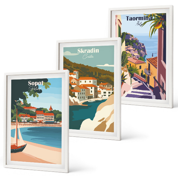 Conjunto de quadros para sala de estar Ilustrações de cidades litorâneas