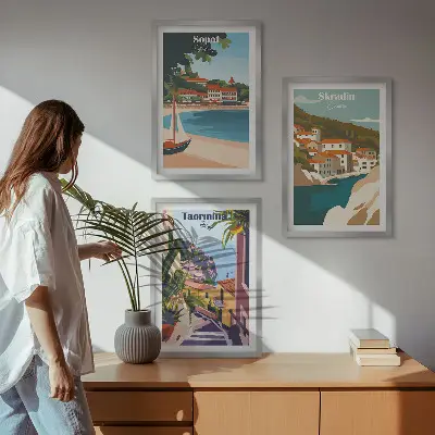 Conjunto de quadros para sala de estar com ilustrações de cidades litorâneas