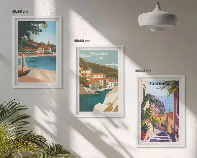 Conjunto de quadros para sala de estar com ilustrações de cidades litorâneas