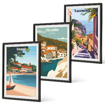 Conjunto de quadros para sala de estar com ilustrações de cidades litorâneas