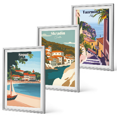 Conjunto de quadros para sala de estar Ilustrações de cidades litorâneas