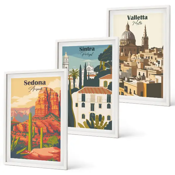 Composição de quadros moderna com vistas de Sedona, Sintra e Valletta em estilo retrô