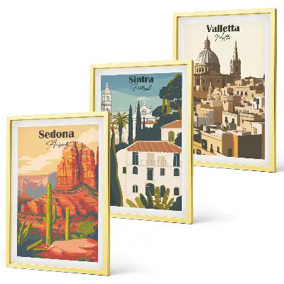 Composição de quadros moderna com vistas de Sedona, Sintra e Valletta em estilo retrô