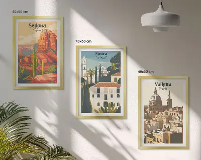 Composição de quadros moderna com vistas de Sedona, Sintra e Valletta em estilo retrô