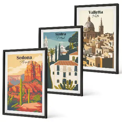 Composição de quadros moderna com vistas de Sedona, Sintra e Valletta em estilo retrô