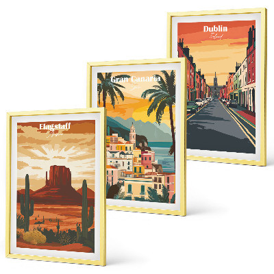 Conjunto de 3 quadros com moldura Paisagens de cidades naturais
