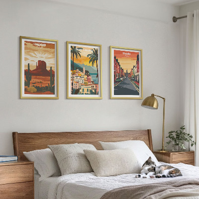 Conjunto de 3 quadros com moldura Paisagens de cidades naturais