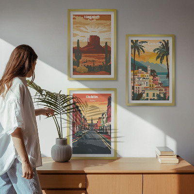 Conjunto de 3 quadros com moldura Paisagens de cidades naturais