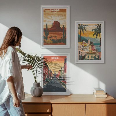 Conjunto de 3 quadros com moldura Paisagens de cidades naturais