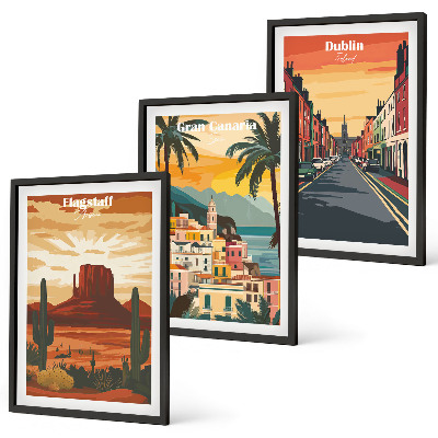 Conjunto de 3 quadros com moldura Paisagens de cidades naturais