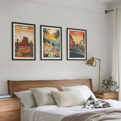 Conjunto de 3 quadros com moldura Paisagens de cidades naturais