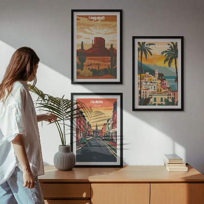 Conjunto de 3 quadros com moldura Paisagens de cidades naturais