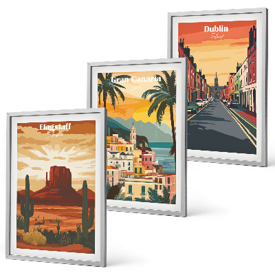 Conjunto de 3 quadros com moldura Paisagens de cidades naturais