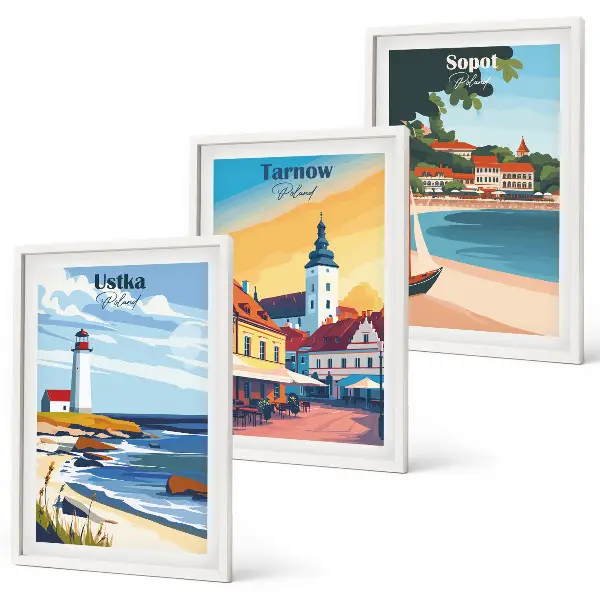 Conjunto de quadros para sala de estar com vistas das cidades de Ustka, Tarnów e Sopot