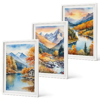 Composição de quadros moderna paisagem montanhosa com rio no outono