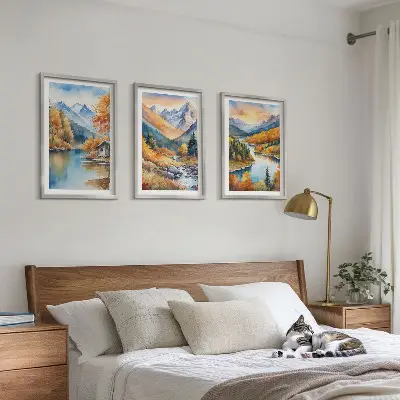 Composição de quadros moderna paisagem montanhosa com rio no outono