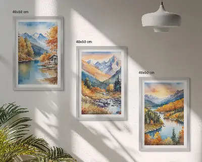 Composição de quadros moderna paisagem montanhosa com rio no outono