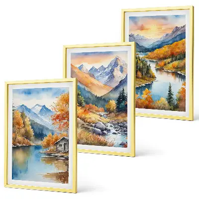 Composição de quadros moderna paisagem montanhosa com rio no outono