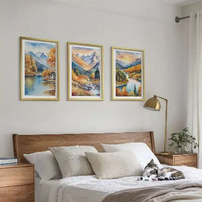 Composição de quadros moderna paisagem montanhosa com rio no outono