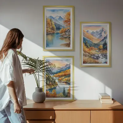 Composição de quadros moderna paisagem montanhosa com rio no outono