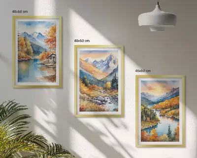 Composição de quadros moderna paisagem montanhosa com rio no outono