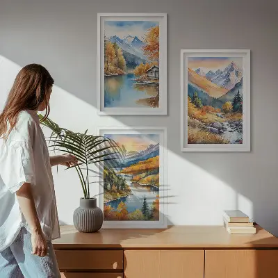 Composição de quadros moderna paisagem montanhosa com rio no outono