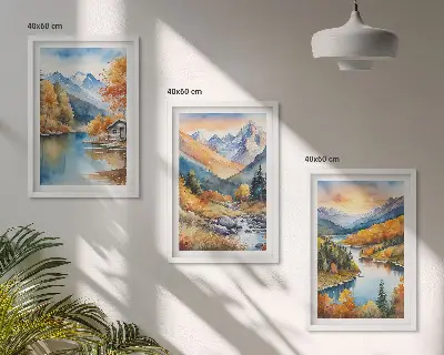 Composição de quadros moderna paisagem montanhosa com rio no outono