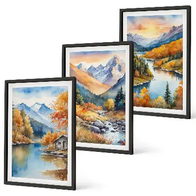 Composição de quadros moderna paisagem montanhosa com rio no outono