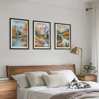 Composição de quadros moderna paisagem montanhosa com rio no outono