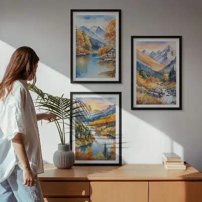 Composição de quadros moderna paisagem montanhosa com rio no outono