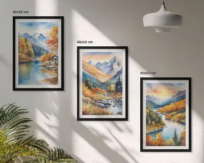 Composição de quadros moderna paisagem montanhosa com rio no outono