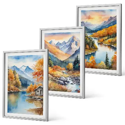 Composição de quadros moderna paisagem montanhosa com rio no outono