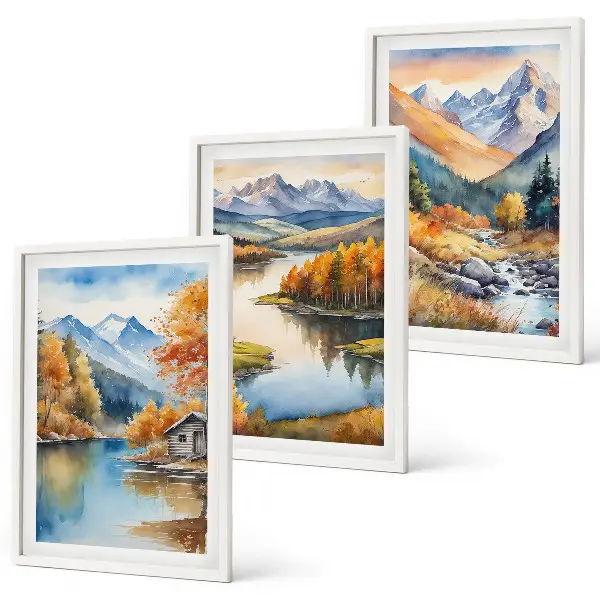 Conjunto de 3 quadros com moldura de rios de montanha com árvores de outono