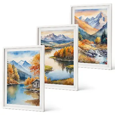 Conjunto de 3 quadros com moldura de rios de montanha com árvores de outono