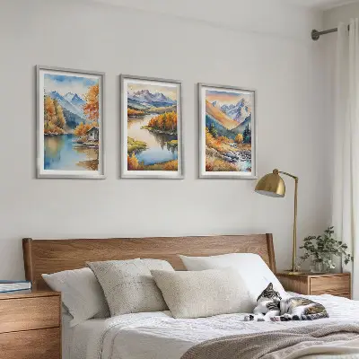 Conjunto de 3 quadros com moldura de rios de montanha com árvores de outono