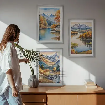 Conjunto de 3 quadros com moldura de rios de montanha com árvores de outono