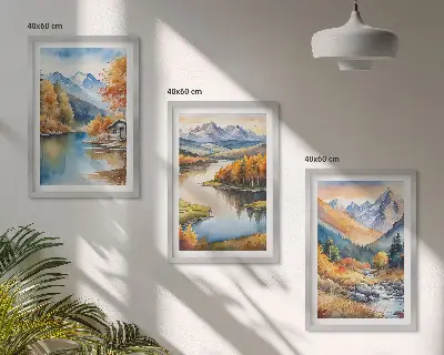 Conjunto de 3 quadros com moldura de rios de montanha com árvores de outono