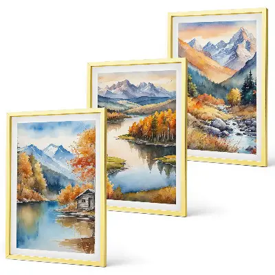 Conjunto de 3 quadros com moldura de rios de montanha com árvores de outono