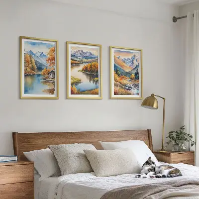 Conjunto de 3 quadros com moldura de rios de montanha com árvores de outono